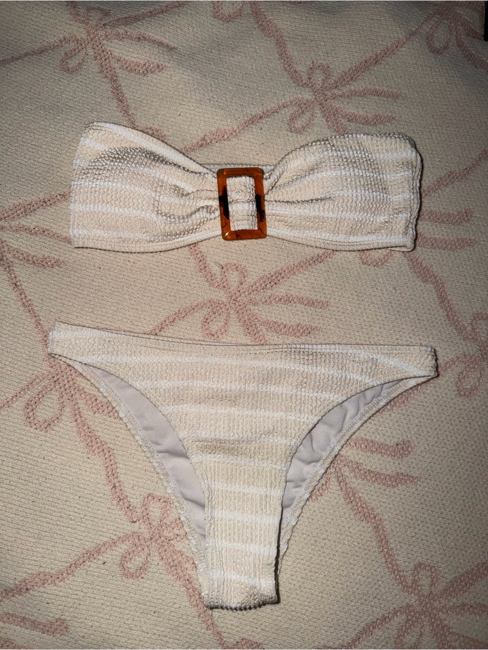 Zaful Cream Ribbed Bandeau Bikini with Tortoiseshell Buckle